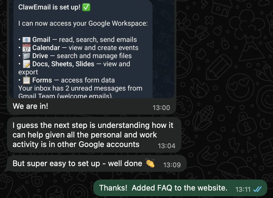 ClawEmail setup testimonial — super easy to set up